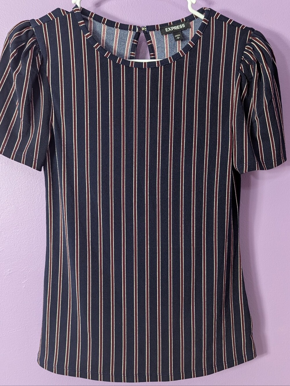 Express Women's Small Navy Striped Puff Sleeve Top